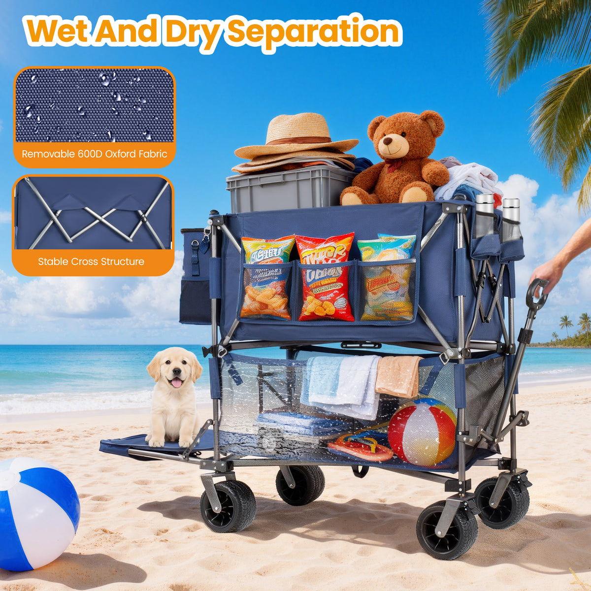 55 Heavy Duty Double- Layer Wagon With Brakes 560LBS Double Decker Wagon 650L Collapsible Wagons Carts With 7 X4 All- Terrain Wheels For Sports Camping Fishing Transport Dark Blue — product image 3