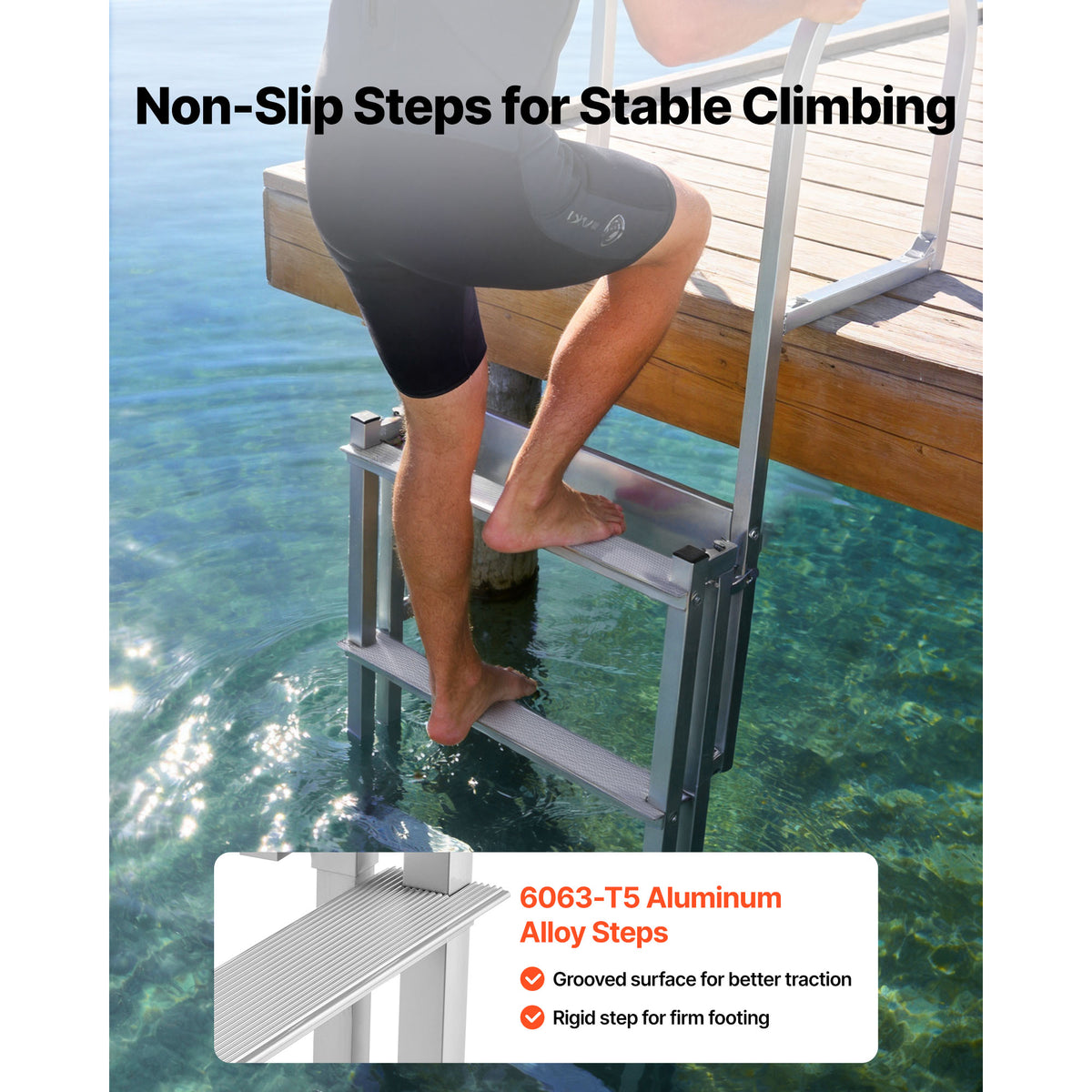 Retractable Dock Ladder, 4 Steps, Aluminum Alloy Pontoon Boat Swim Ladder With Auto-Lift Float, Non-Slip Wide Steps, 500 Lbs Weight Capacity, Adjustable Height, For Lake Pool Marine Boarding — product image 3
