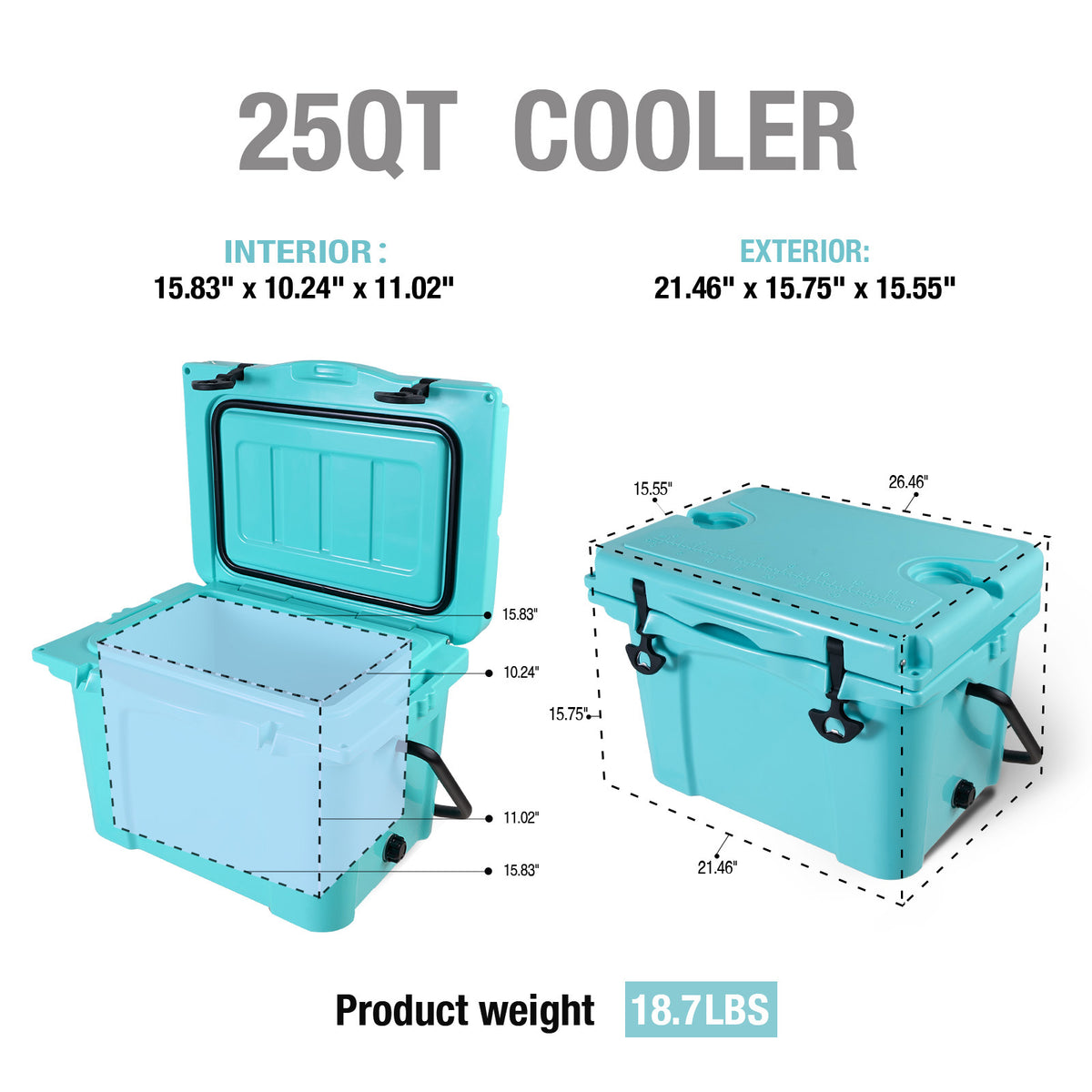 25QT Portable Cooler, Insulated Hard Cooler With Bottle Opener, Cup Holder, Forming Ruler, Travel, Beach, Camping, Fishing — product image 9
