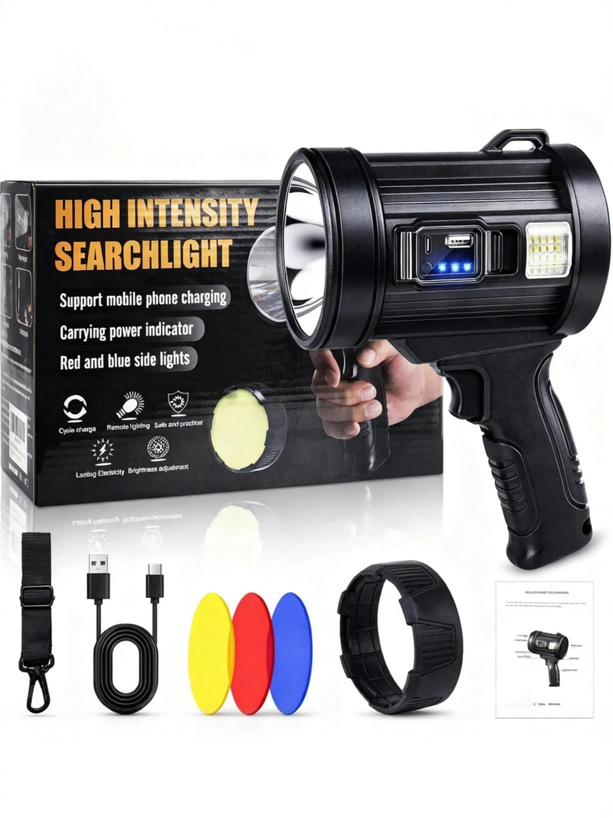 Rechargeable Spotlight, Super Bright Spotlight Flashlight, Long Running Spot Light Searchlight, Outdoor Handheld LED Flashlight High Lumens with Solar Panels for Hunting Camping Boat — product image 2