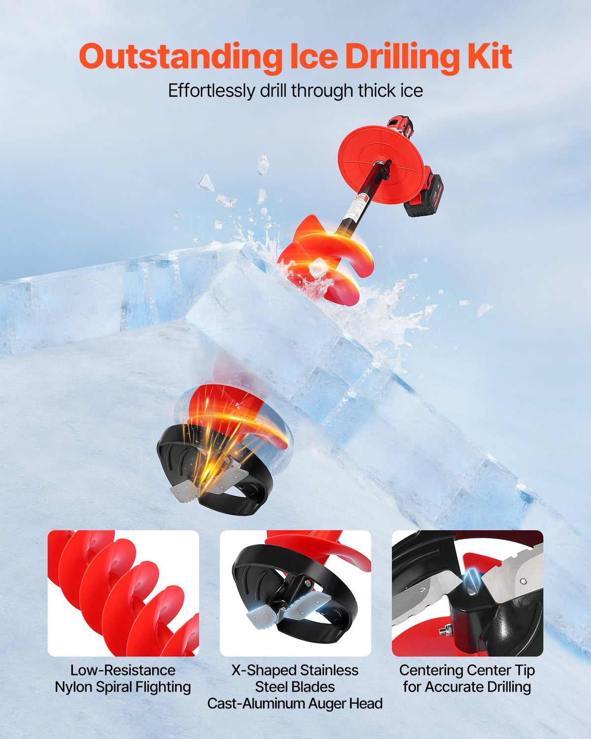 Ice Auger Drill Bit, 8in Diameter 41in Length, Cordless Nylon Ice Fishing Augers With Extra 13.4in Extension Rod, Drill Adapter, Top Plate And Blade Guard — product image 3