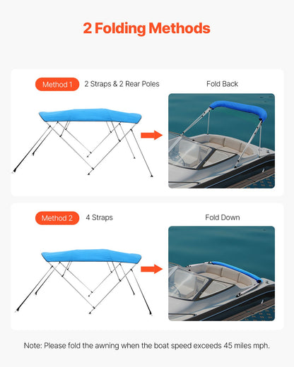 4 Bow Boat Bimini Tops, 600D Polyester Canopy With Aluminum Alloy Frame, Waterproof & Sun Shade Boat Awning Canopy With Storage Bag, 2 Support Poles, 4 Straps, 96"Lx(85"-90")Wx54"H, Pacific Blue — product image 4