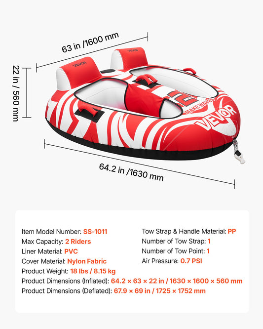Towable Tubes For Boating, 2-Rider Inflatable Boat Tubes And Towables, 340 Lbs Capacity Water Sport Tubes For Boat To Pull - With 2 Cockpits, Full Nylon Cover, Padded Grab Handles & Safety Valve — product image 1