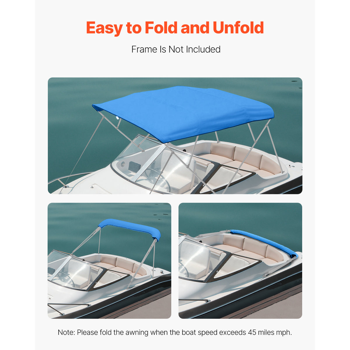 4 Bow Bimini Top Replacement Cover, 8 Ft Long, Durable 600D Marine Grade Waterproof Sun Shade Boat Canopy With Storage Boot, Easy Install Zipper Sleeve Awning, 96 L X 91-96 W, Blue No Frame — product image 5