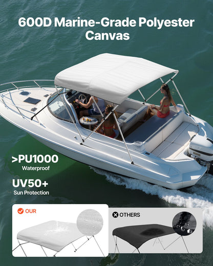 3 Bow Boat Bimini Tops, 600D Polyester Canopy With Aluminum Alloy Frame, Waterproof & Sun Shade Boat Awning Canopy With Storage Bag, 2 Support Poles, 4 Straps, 6'Lx(54"-60")Wx46"H, Light Grey — product image 2
