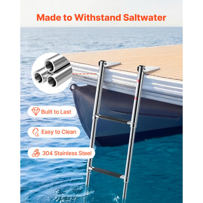 Boat Ladder, 3 Steps, Stainless Steel Telescoping Folding Swim Deck Ladder For Rear Entry Inboard, Heavy Duty 600 Lbs Capacity With Wide Anti-Slip Steps, For Outboards, Yacht, Pontoon Boats — product image 2