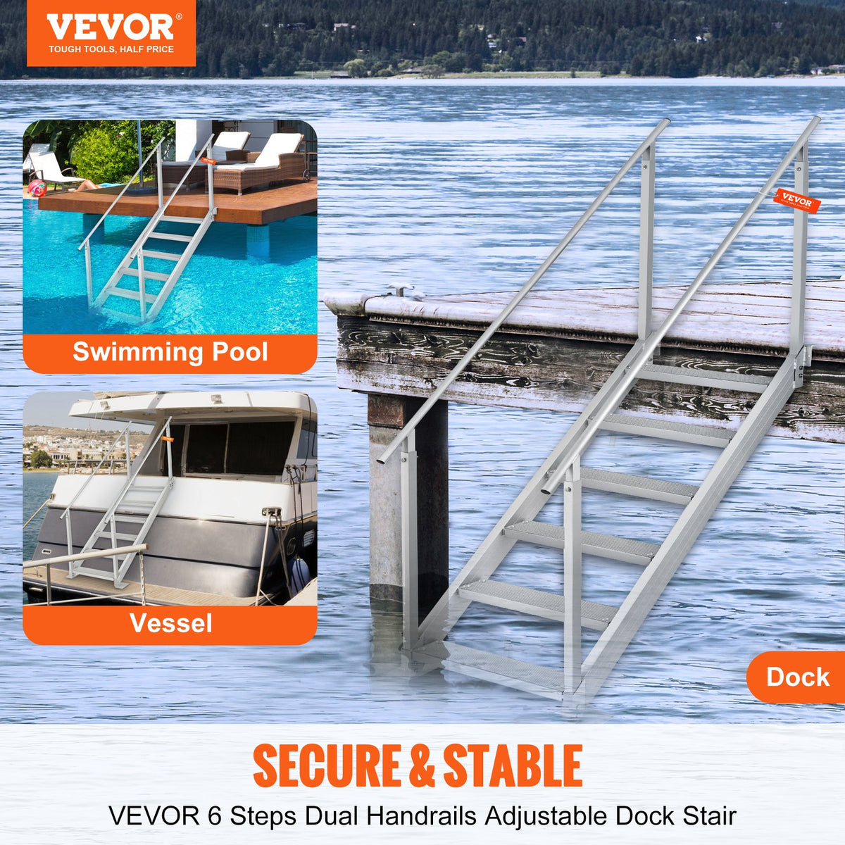 Dock Ladder, 43''-51'' Adjustable Height, 500 Lbs Load Capacity, Aluminum Alloy 6 Steps Pontoon Boat Ladder With Dual Handrails & Nonslip Rubber Mat, Ideal For Ship/Lake/Pool/Marine Boarding — product image 2