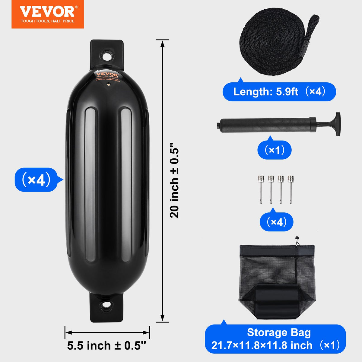 Boat Fenders, 5.5 X 20 Boat Bumpers For Docking, Inflatable Ribbed Fender With Center Holes, Marine Boat Dock Fender Bumper With Air Pump, 4 Needles And 4 Ropes And Storage Bag, Black — product image 14