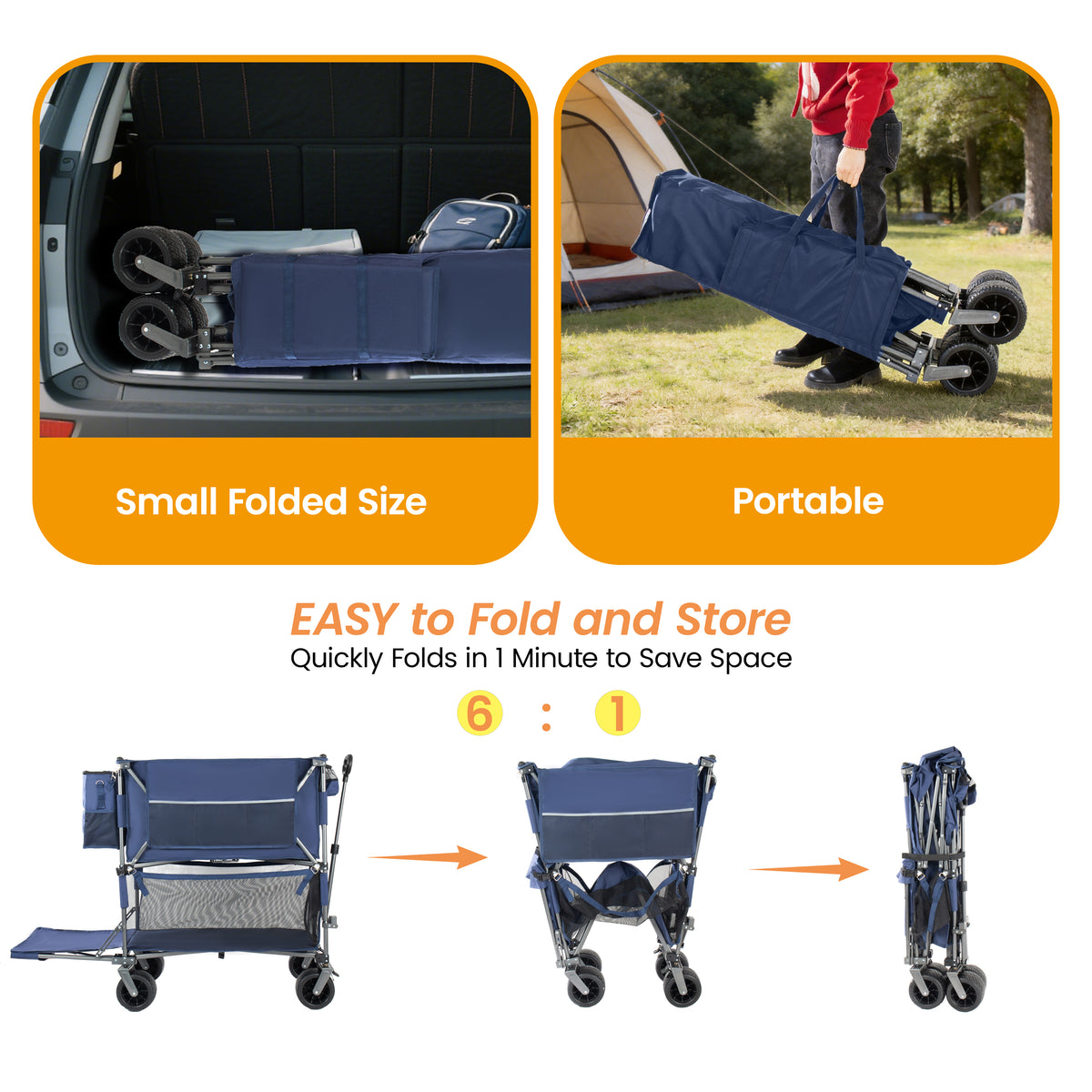 55 Heavy Duty Double- Layer Wagon With Brakes 560LBS Double Decker Wagon 650L Collapsible Wagons Carts With 7 X4 All- Terrain Wheels For Sports Camping Fishing Transport Dark Blue — product image 6