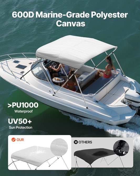 3 Bow Boat Bimini Tops, 600D Polyester Canopy With Aluminum Alloy Frame, Waterproof & Sun Shade Boat Awning Canopy With Storage Bag, 2 Support Poles, 4 Straps, 72"Lx(73"-78")Wx46"H, Light Grey — product image 2