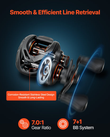 Rod And Fishing Reel Combo, IM7 Carbon Fiber Baitcasting Rod And Reel Combo, Bass Fishing Pole With 7+1 BB System, 7.0:1 Gear Ratio, Cork Handle, Stainless Steel Guides With Ceramic Rings — product image 5
