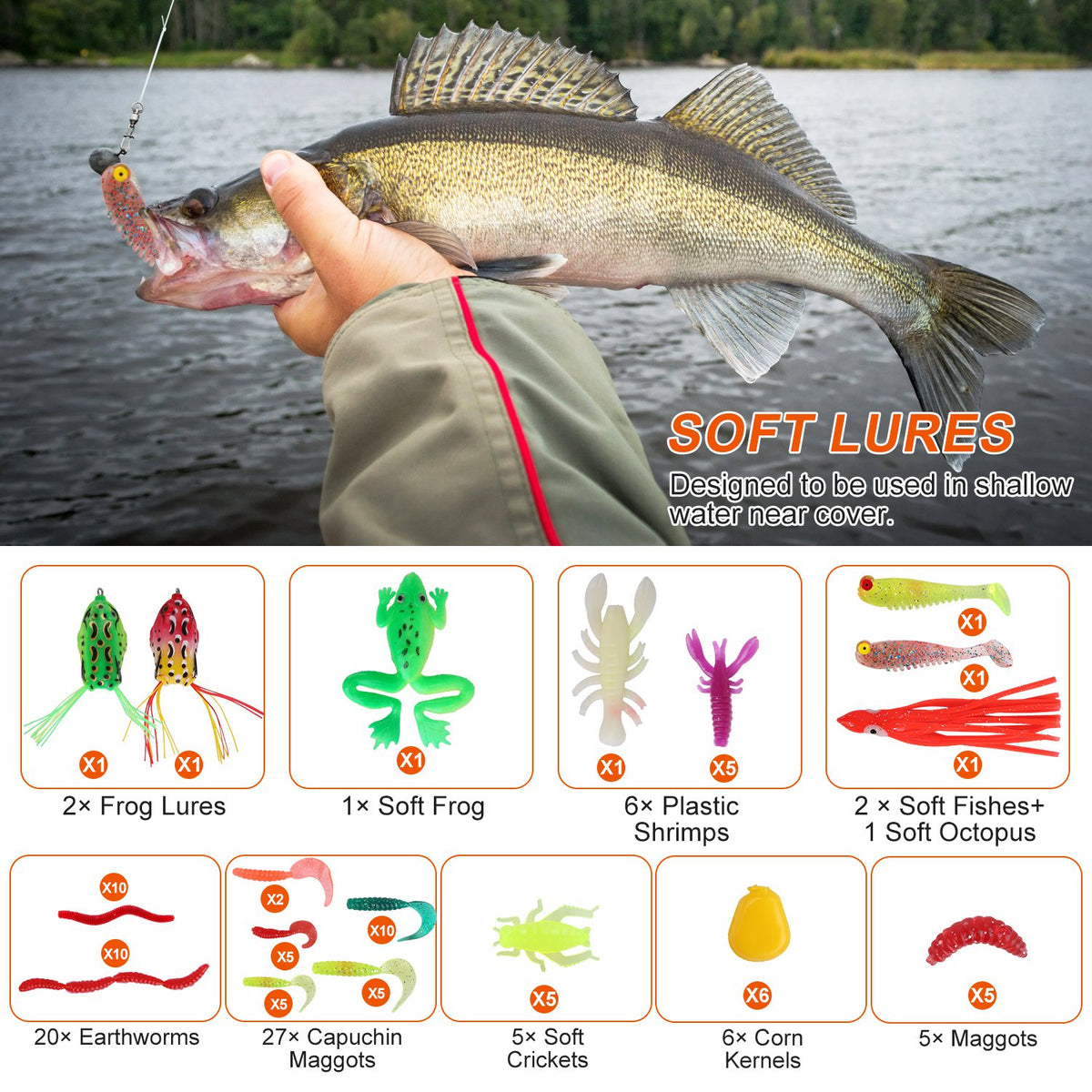 375Pcs Fishing Baits And Tackle Box Saltwater Freshwater Fishing Lures Kit Lifelike Popper Crankbaits Crickets Frogs Spoon Lures Maggots — product image 4