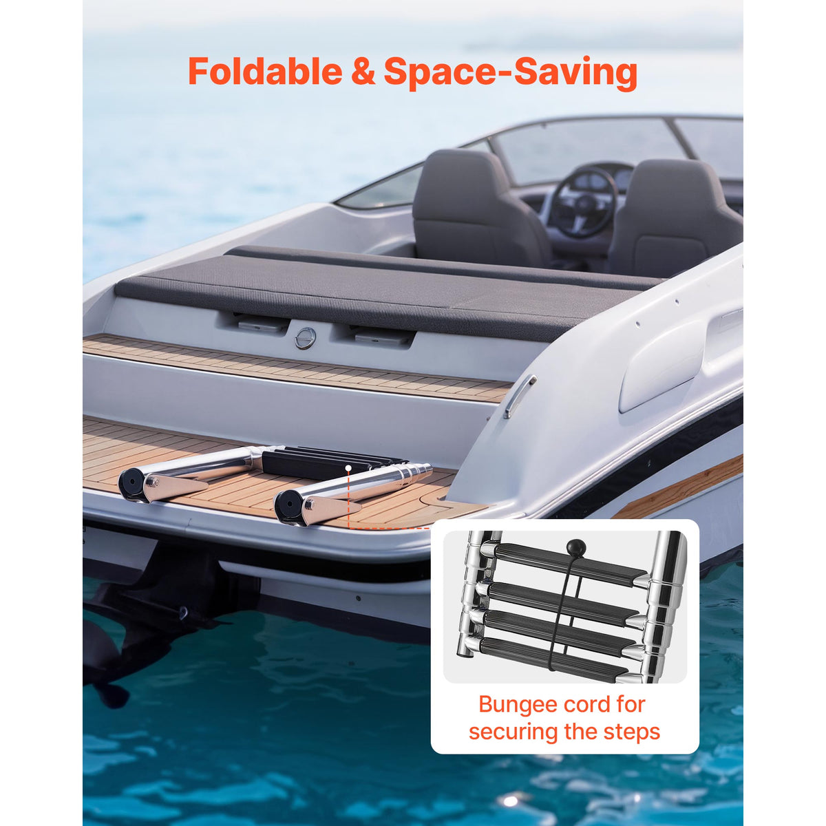 Boat Ladder, 4 Steps, Stainless Steel Telescoping Folding Swim Deck Ladder For Rear Entry Inboard, Heavy Duty 900 Lbs Capacity With Wide Anti-Slip Steps, For Outboards, Yacht, Pontoon Boats — product image 5