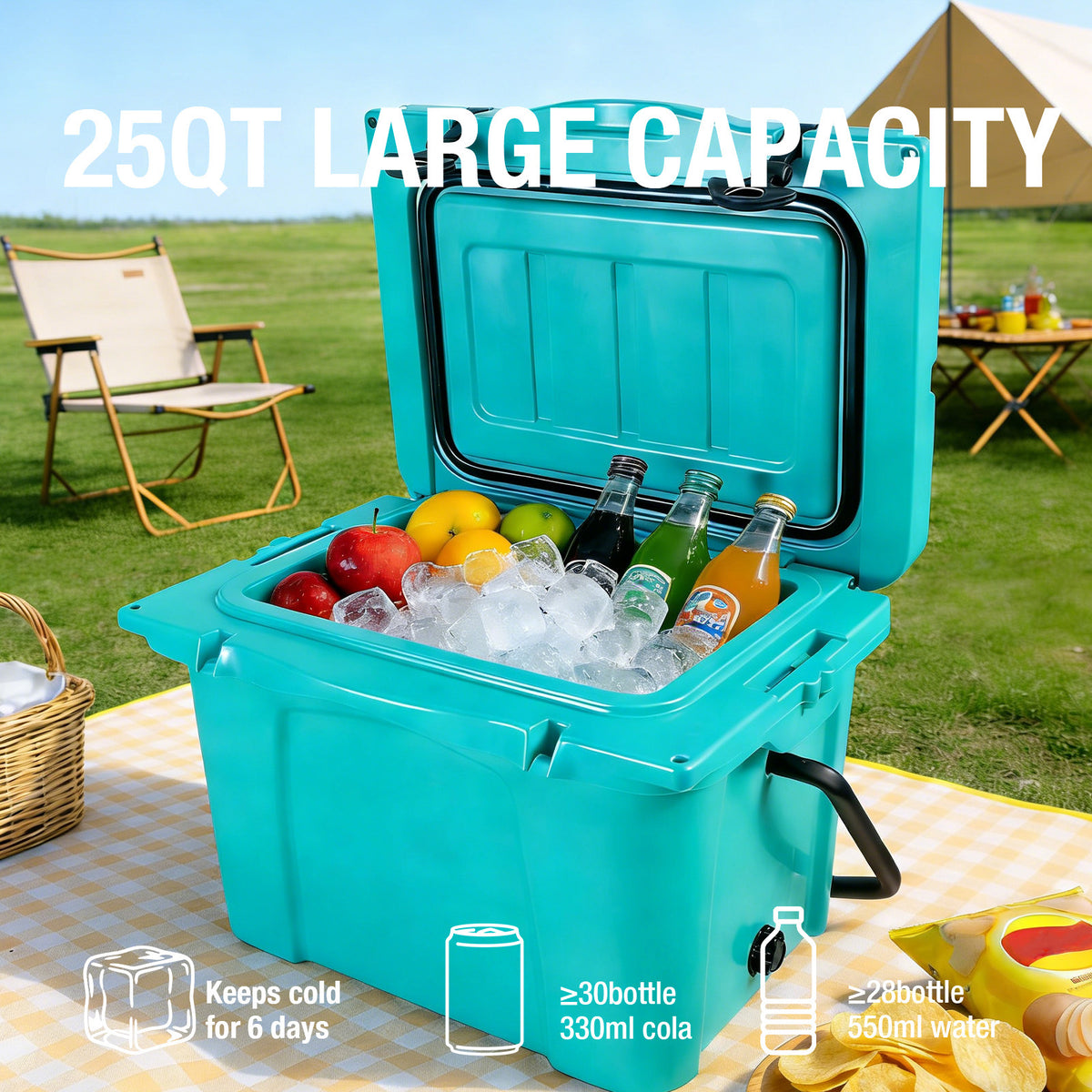 25QT Portable Cooler, Insulated Hard Cooler With Bottle Opener, Cup Holder, Forming Ruler, Travel, Beach, Camping, Fishing — product image 7