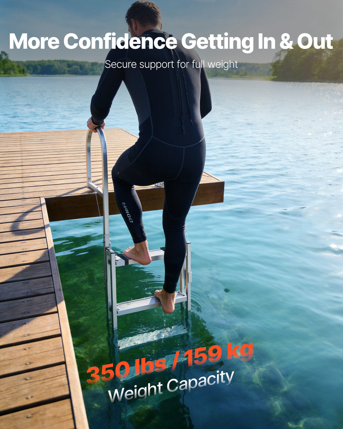 Retractable Dock Ladder, 5 Steps, Aluminum Alloy Pontoon Boat Swim Ladder, With Non-Slip Wide Steps, 350 Lbs Weight Capacity, Adjustable Height, For Lake Swimming, Pool, Boat, Marine Boarding — product image 2