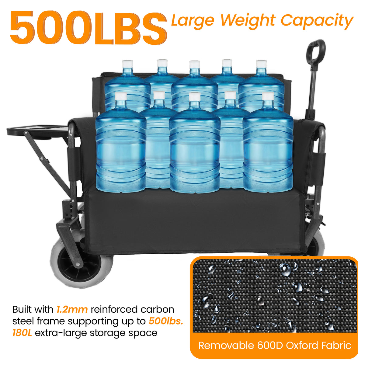 3- In- 1 Collapsible Wagon Converts To Bench Convertible Folding Wagon Cart With Rear- Mounted Folding Tabletop 500lbs Heavy- Duty 180L Capacity For Camping Beach Garden Fishing- Black — product image 3