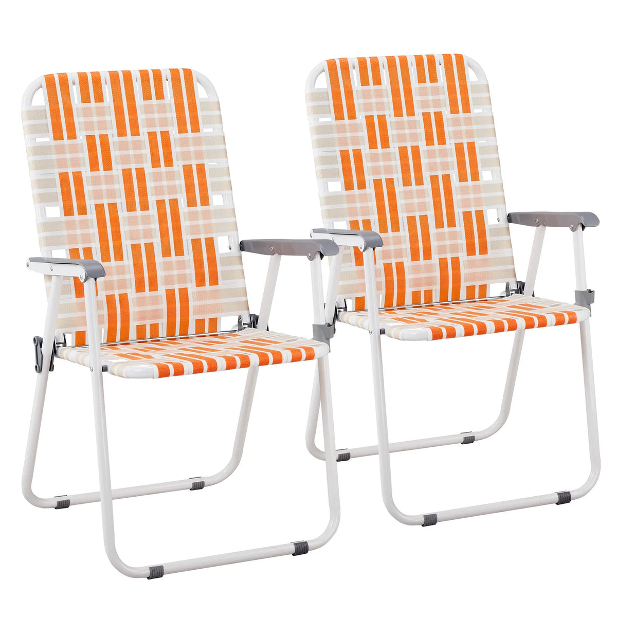 Set of 2 Webbed Folding Beach Chairs, Outdoor Patio Lawn Foldable Chairs for Camping Fishing Yard Poolside BBQ, Orange & White — product image 15