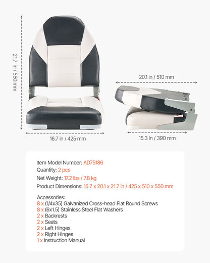 Boat Seat, High Backrest, Folding Fishing Boat Seat With Thickened Sponge Cushion & Waterproof PVC Leather, Aluminum Alloy Hinges, Flip Up Boat Seat For Boats, Yachts, Ships, Black & Grey — product image 1