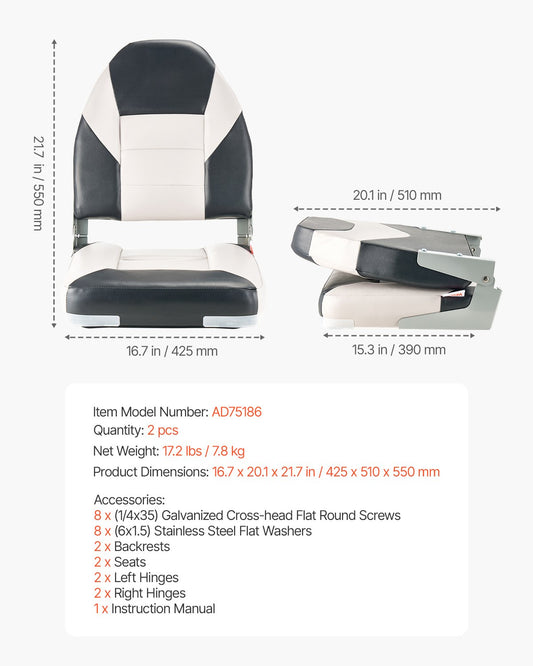 Boat Seat, High Backrest, Folding Fishing Boat Seat With Thickened Sponge Cushion & Waterproof PVC Leather, Aluminum Alloy Hinges, Flip Up Boat Seat For Boats, Yachts, Ships, Black & Grey — product image 1