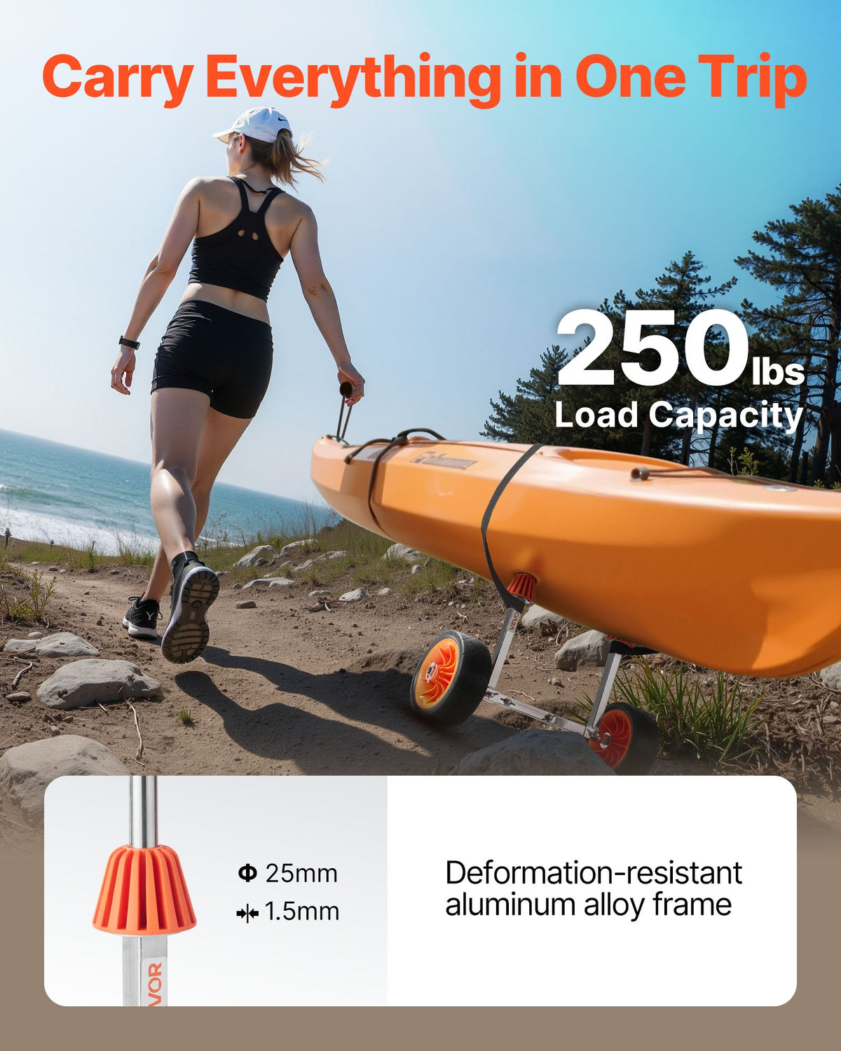 Kayak Cart, 250 Lbs Load Capacity, Canoe Cart Dolly With 7.5-inch Solid Rubber Tires & Kickstand, Assembles & Disassembles Within Seconds, Paddle Board Trolley For Kayaks, Canoes, Paddleboards — product image 2