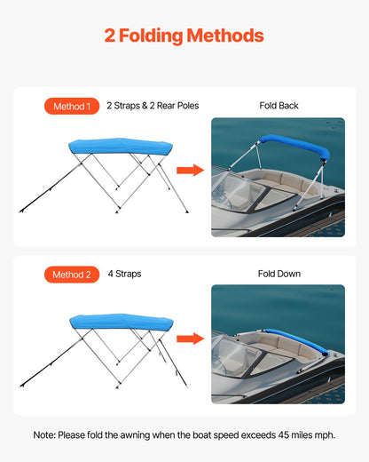3 Bow Boat Bimini Tops, 600D Polyester Canopy With Aluminum Alloy Frame, Waterproof & Sun Shade Boat Awning Canopy With Storage Bag, 2 Support Poles, 4 Straps, 6'Lx(61"-66")W X46"H, Pacific Blue — product image 4