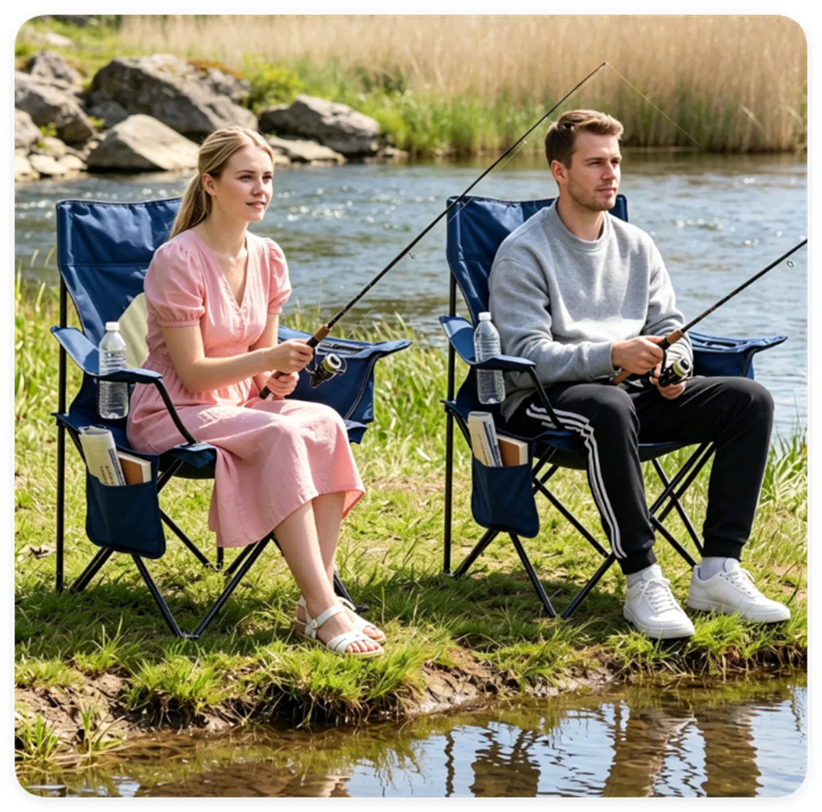 Folding Camping Chair, Heavy-Duty Metal Frame Portable Outdoor Chair with Cup Holder, Insulated Cooler Bag & Side Pocket for Camping Fishing Beach - Blue — product image 2