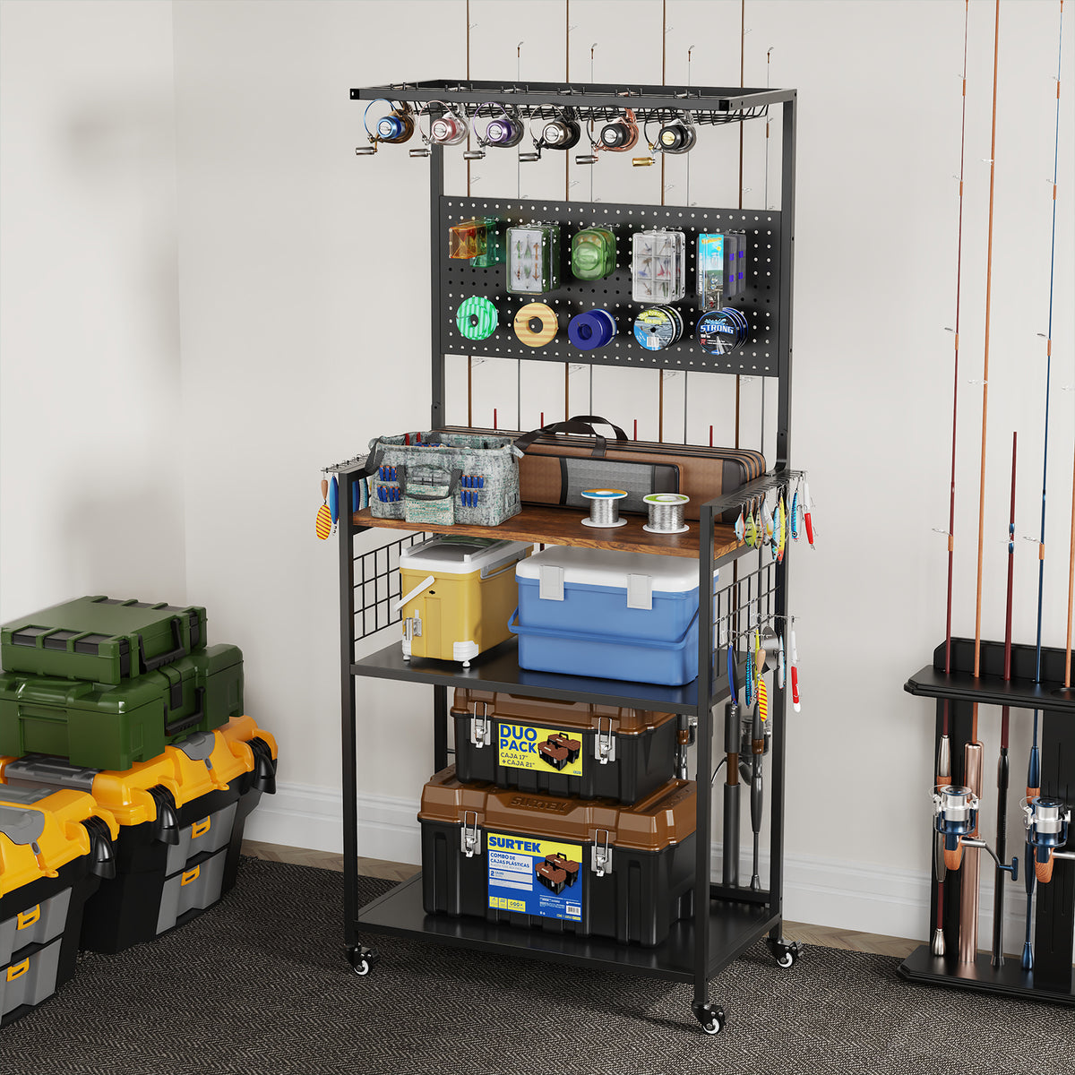 Fishing Rod Storage Rack With Pegboard, Rolling Tackle Organizer Cart, Multi-Tier Fishing Gear Stand For Rods, Reels, Tackle Boxes & Bags, Heavy Duty Metal Holders With Lockable Wheels — product image 6
