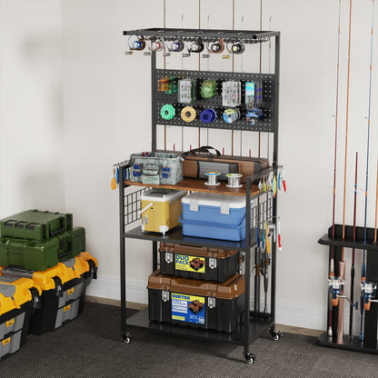 Fishing Rod Storage Rack With Pegboard, Rolling Tackle Organizer Cart, Multi-Tier Fishing Gear Stand For Rods, Reels, Tackle Boxes & Bags, Heavy Duty Metal Holders With Lockable Wheels — product image 6