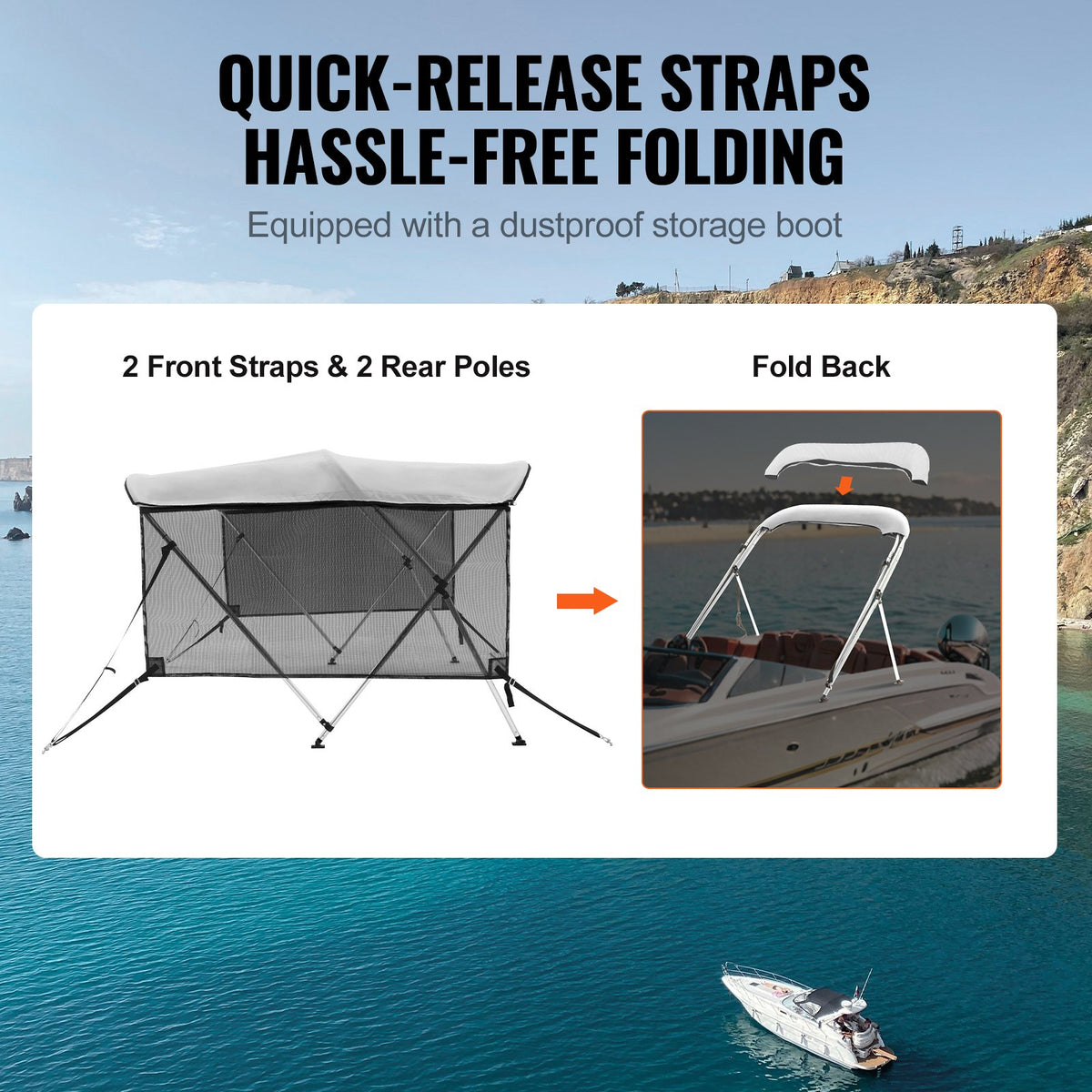 3 Bow Bimini Top Boat Cover, Detachable Mesh Sidewalls, 600D Polyester Canopy With 1" Aluminum Alloy Frame, Includes Storage Boot, 2 Support Poles, 2 Straps, 6'L X 46"H X 61"-66"W, Light Grey — product image 4