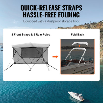3 Bow Bimini Top Boat Cover, Detachable Mesh Sidewalls, 600D Polyester Canopy With 1" Aluminum Alloy Frame, Includes Storage Boot, 2 Support Poles, 2 Straps, 6'L X 46"H X 61"-66"W, Light Grey — product image 4