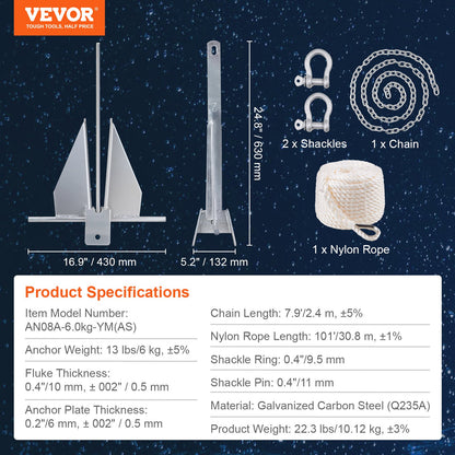 VEVOR Fluke Style Anchor Kit, 13 LBS Hot-Dipped Galvanized Steel Fluke Anchor, Marine Boat Anchor For Small Vessels Under 30', Seas, Rivers And Shores — product image 12