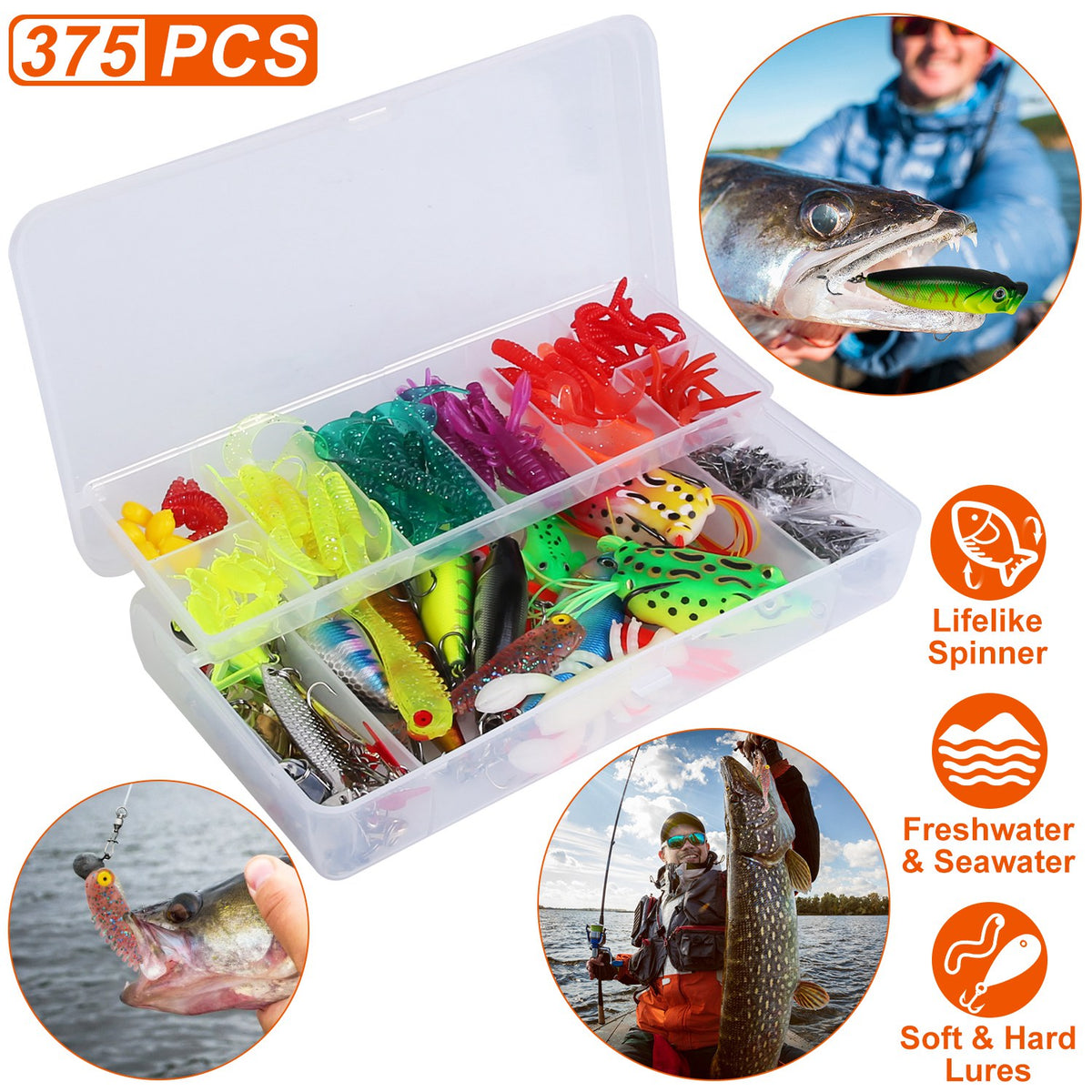 375Pcs Fishing Baits And Tackle Box Saltwater Freshwater Fishing Lures Kit Lifelike Popper Crankbaits Crickets Frogs Spoon Lures Maggots — product image 2