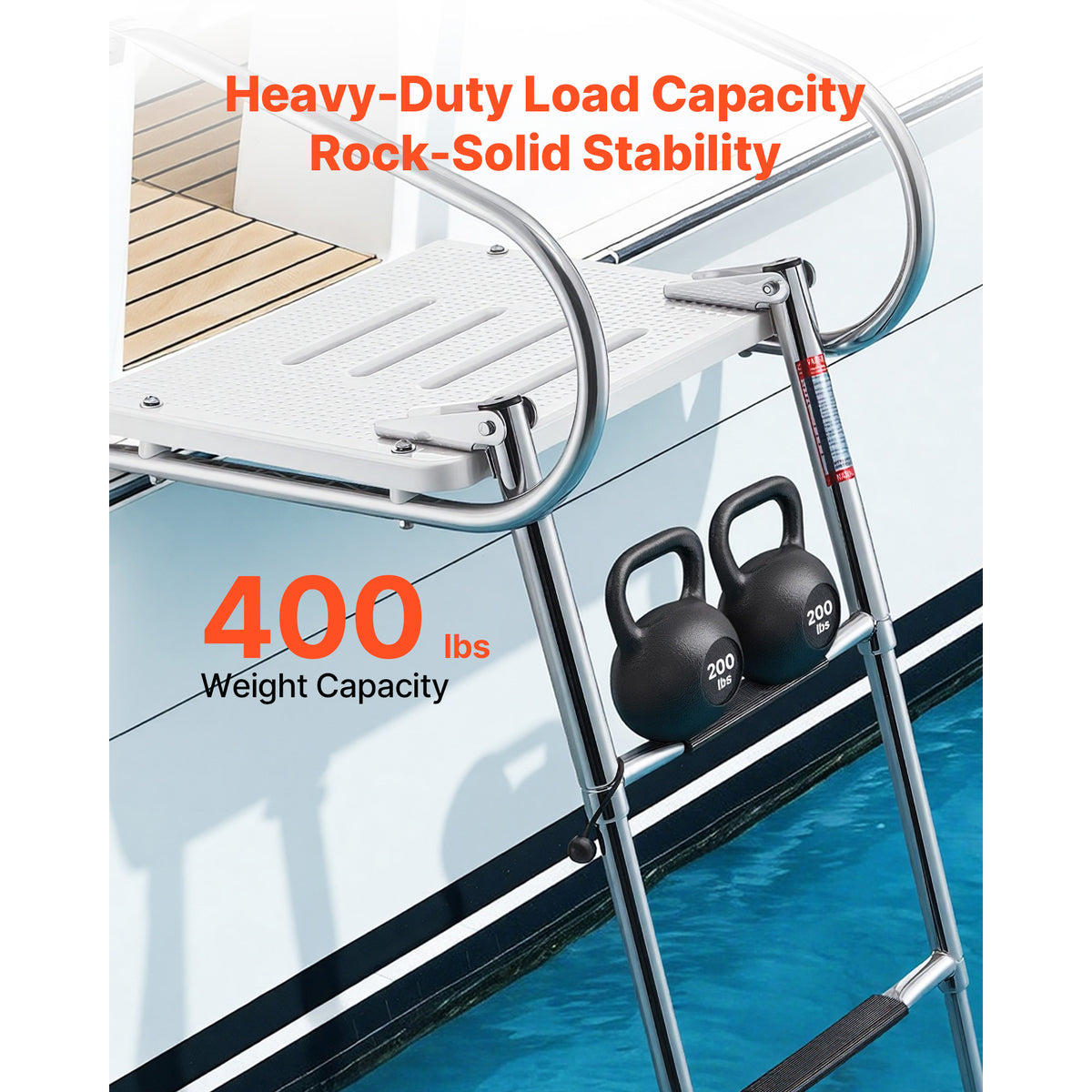 Boat Ladder, 3 Steps, Stainless Steel Telescoping Folding Swim Deck Ladder For Rear Entry Inboard, 400 Lbs Capacity With Wide Anti-Slip Steps & Handrails, For Outboards, Yacht, Pontoon Boats — product image 5