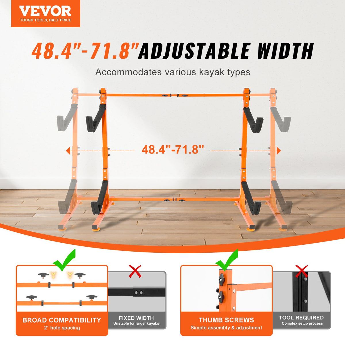Freestanding Kayak Storage Rack, Kayak Stand For 2 Kayak Canoe Paddleboard, Heavy-duty Steel Kayak Hanger Holder With Padded Arms And Adjustable Width, 175LBS Max Load, For Indoor Outdoor Garage — product image 5