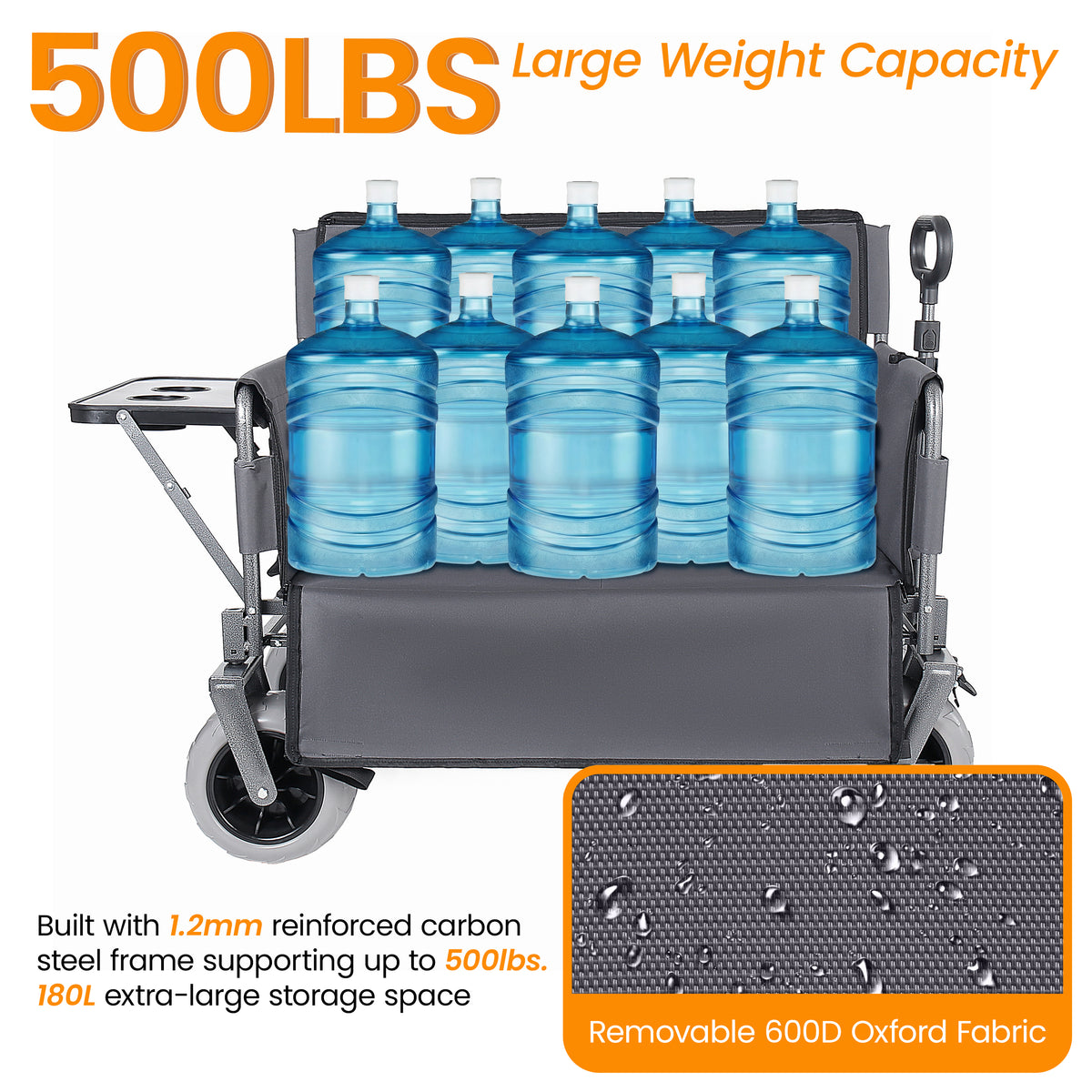 3- In- 1 Collapsible Wagon Converts To Bench Convertible Folding Wagon Cart With Rear- Mounted Folding Tabletop 500lbs Heavy- Duty 180L Capacity For Camping Beach Garden Fishing- Gray — product image 3