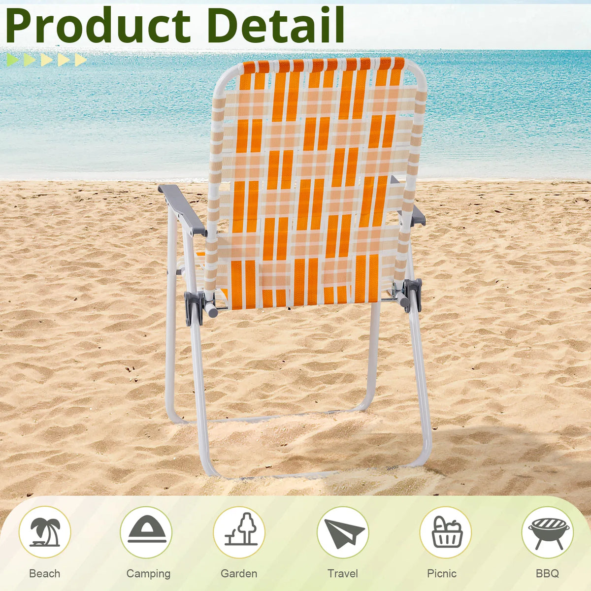 Set of 2 Webbed Folding Beach Chairs, Outdoor Patio Lawn Foldable Chairs for Camping Fishing Yard Poolside BBQ, Orange & White — product image 4