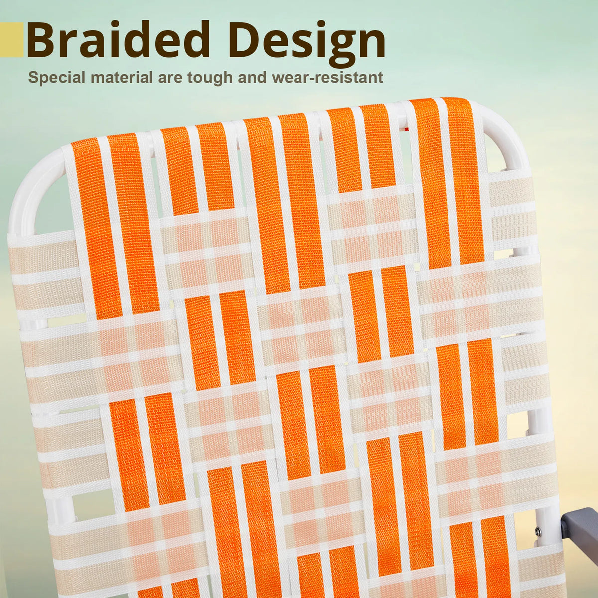 Set of 2 Webbed Folding Beach Chairs, Outdoor Patio Lawn Foldable Chairs for Camping Fishing Yard Poolside BBQ, Orange & White — product image 5