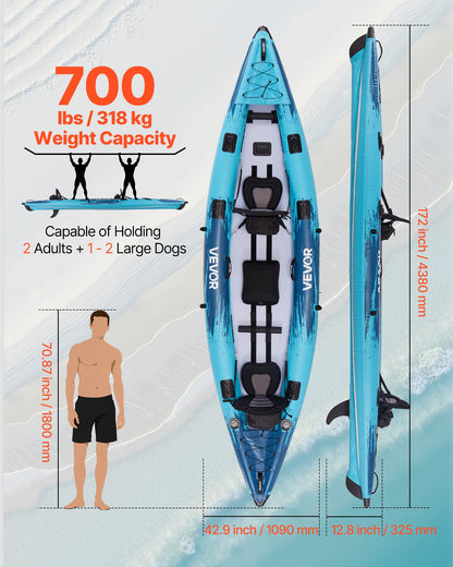 Inflatable Kayak, 2-Person Inflatable Recreational Kayak 700LBS Capacity, Leak & Puncture-Resistant With Padded Seat, PVC Drop-Stitch Floor, 2 Paddles, Hand Pump & Carry Bag For Fishing Camping — product image 2