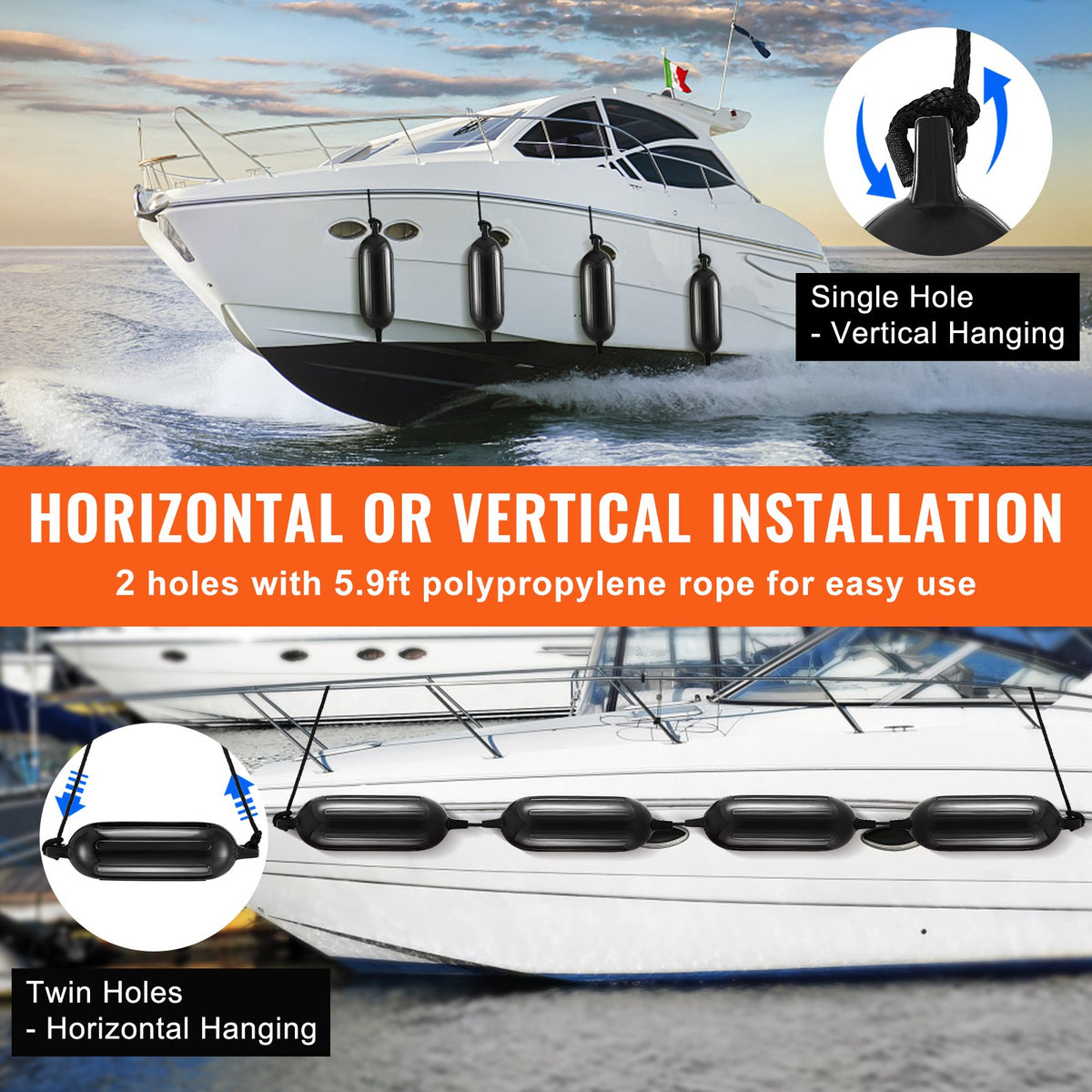 Boat Fenders, 5.5 X 20 Boat Bumpers For Docking, Inflatable Ribbed Fender With Center Holes, Marine Boat Dock Fender Bumper With Air Pump, 4 Needles And 4 Ropes And Storage Bag, Black — product image 9