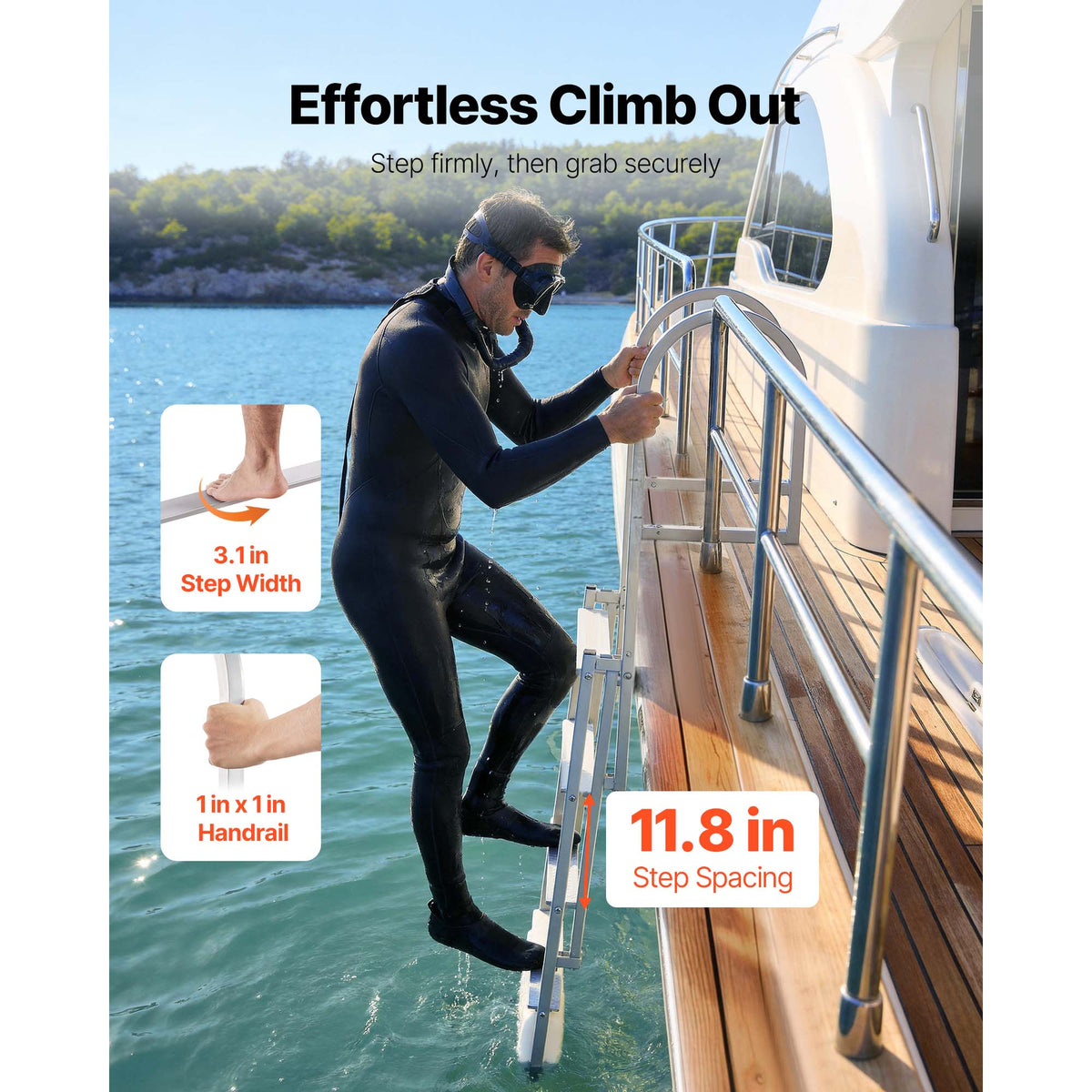 Retractable Dock Ladder, 4 Steps, Aluminum Alloy Pontoon Boat Swim Ladder With Auto-Lift Float, Non-Slip Wide Steps, 500 Lbs Weight Capacity, Adjustable Height, For Lake Pool Marine Boarding — product image 5