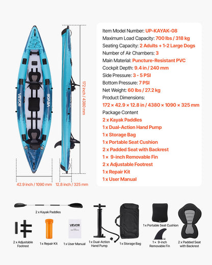 Inflatable Kayak, 2-Person Inflatable Recreational Kayak 700LBS Capacity, Leak & Puncture-Resistant With Padded Seat, PVC Drop-Stitch Floor, 2 Paddles, Hand Pump & Carry Bag For Fishing Camping — product image 1