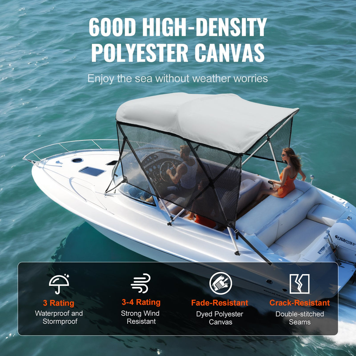 3 Bow Bimini Top Boat Cover, Detachable Mesh Sidewalls, 600D Polyester Canopy With 1" Aluminum Alloy Frame, Includes Storage Boot, 2 Support Poles, 2 Straps, 6'L X 46"H X 61"-66"W, Light Grey — product image 3