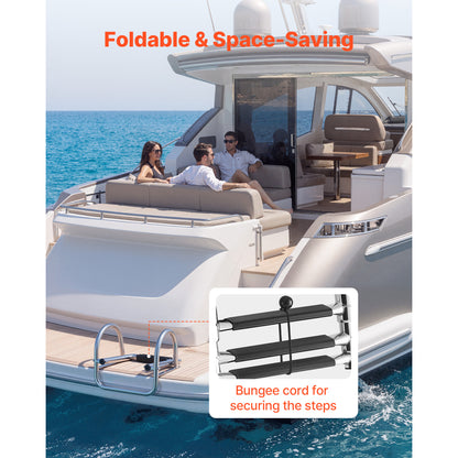 Boat Ladder, 3 Steps, Stainless Steel Telescoping Folding Swim Deck Ladder For Rear Entry Inboard, 600 Lbs Capacity With Wide Anti-Slip Steps & Handrails, For Outboards, Yacht, Pontoon Boats — product image 6