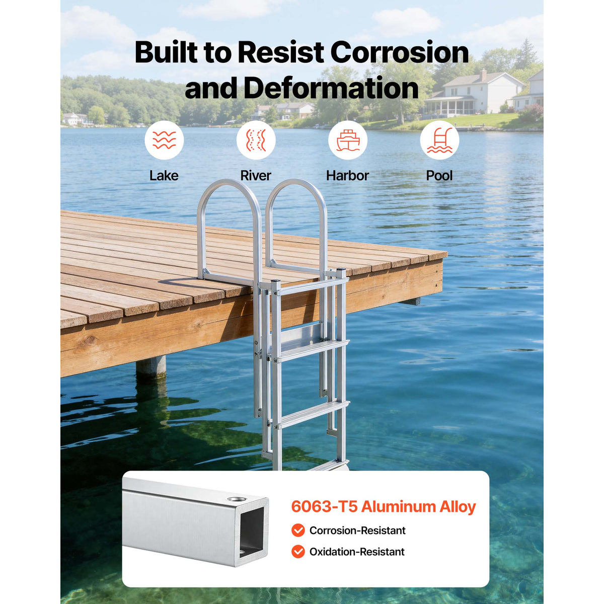 Retractable Dock Ladder, 4 Steps, Aluminum Alloy Pontoon Boat Swim Ladder With Auto-Lift Float, Non-Slip Wide Steps, 500 Lbs Weight Capacity, Adjustable Height, For Lake Pool Marine Boarding — product image 6