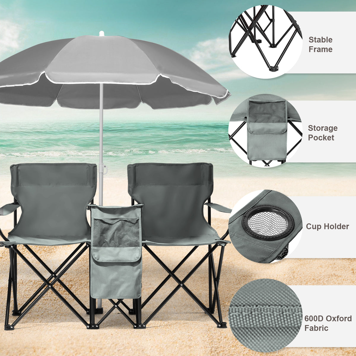 59x19.6x31in, Grey, Fishing Chair, Iron Stand, Oxford Cloth 85kg With Parasol — product image 1