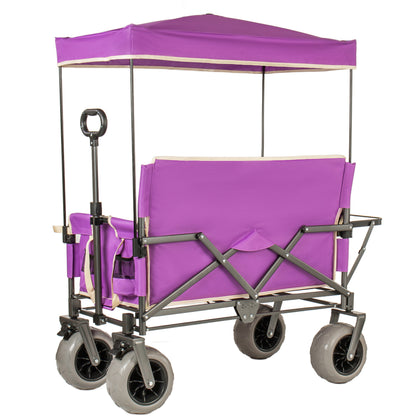 3- In- 1 Collapsible Wagon Converts To Bench Convertible Folding Wagon Cart With Canopy &Rear- Mounted Folding Tabletop 500lbs Heavy- Duty 180L Capacity For Camping Beach Garden Fishing- Purple — product image 12
