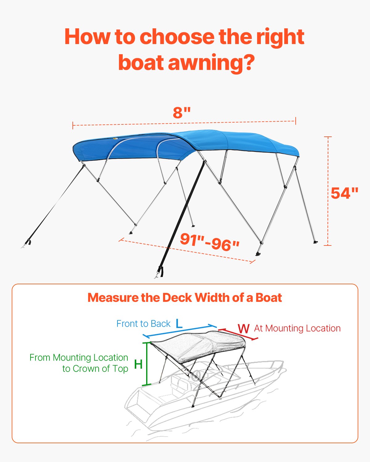 4 Bow Boat Bimini Tops, 600D Polyester Canopy With Aluminum Alloy Frame, Waterproof & Sun Shade Boat Awning Canopy With Storage Bag, 2 Support Poles, 4 Straps, 8'Lx(91"-96")Wx54"H, Pacific Blue — product image 5