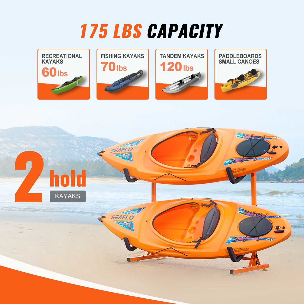 Freestanding Kayak Storage Rack, Kayak Stand For 2 Kayak Canoe Paddleboard, Heavy-duty Steel Kayak Hanger Holder With Padded Arms And Adjustable Width, 175LBS Max Load, For Indoor Outdoor Garage — product image 1
