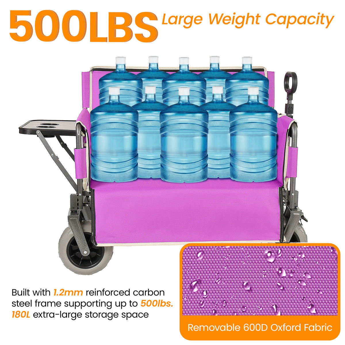 3- In- 1 Collapsible Wagon Converts To Bench Convertible Folding Wagon Cart With Rear- Mounted Folding Tabletop 500lbs Heavy- Duty 180L Capacity For Camping Beach Garden Fishing- Purple — product image 3