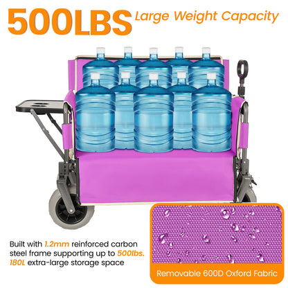 3- In- 1 Collapsible Wagon Converts To Bench Convertible Folding Wagon Cart With Rear- Mounted Folding Tabletop 500lbs Heavy- Duty 180L Capacity For Camping Beach Garden Fishing- Purple — product image 3